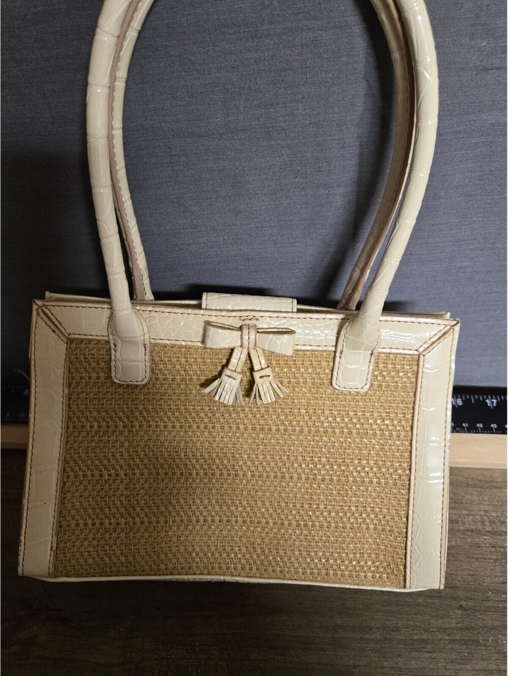 Liz Claiborne Cream straw handbag with bow accent